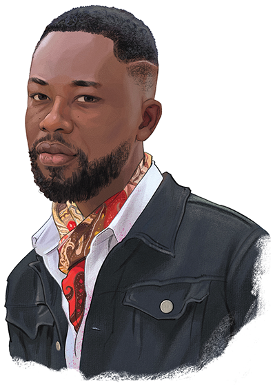 Illustrated portrait of a Black man with short hair, a beard, a dark jacket, and a colorful scarp 