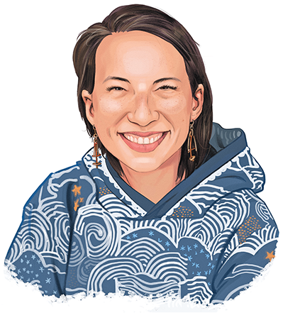 Illustrated portrait of a woman with brown hair, freckles, and a colorful hooded shirt