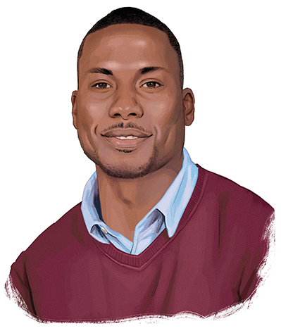 Illustrated portrait of a Black man with short hair, small mustache, blue collared shirt and red v-neck sweater
