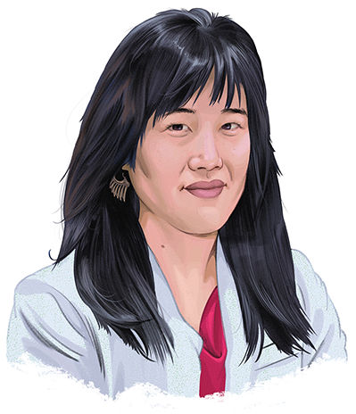 Illustrated portrait of an Asian American woman with long dark hair wearing a light-blue jacket and magenta blouse