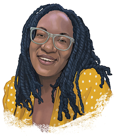 Illustrated portrait of a Black woman with glasses and long twist braids and bright yellow blouse with white polka-dots