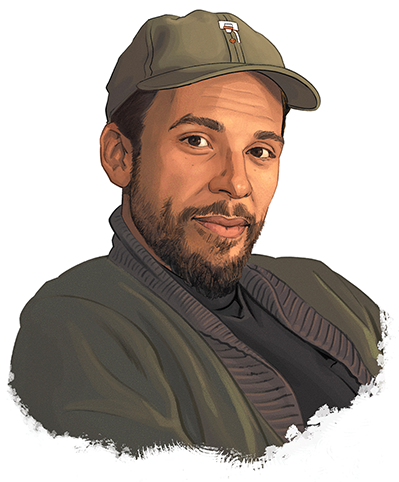 Illustrated portrait of a man with dark hair and a short beard wearing an olive-colored ball cap and knit sweater