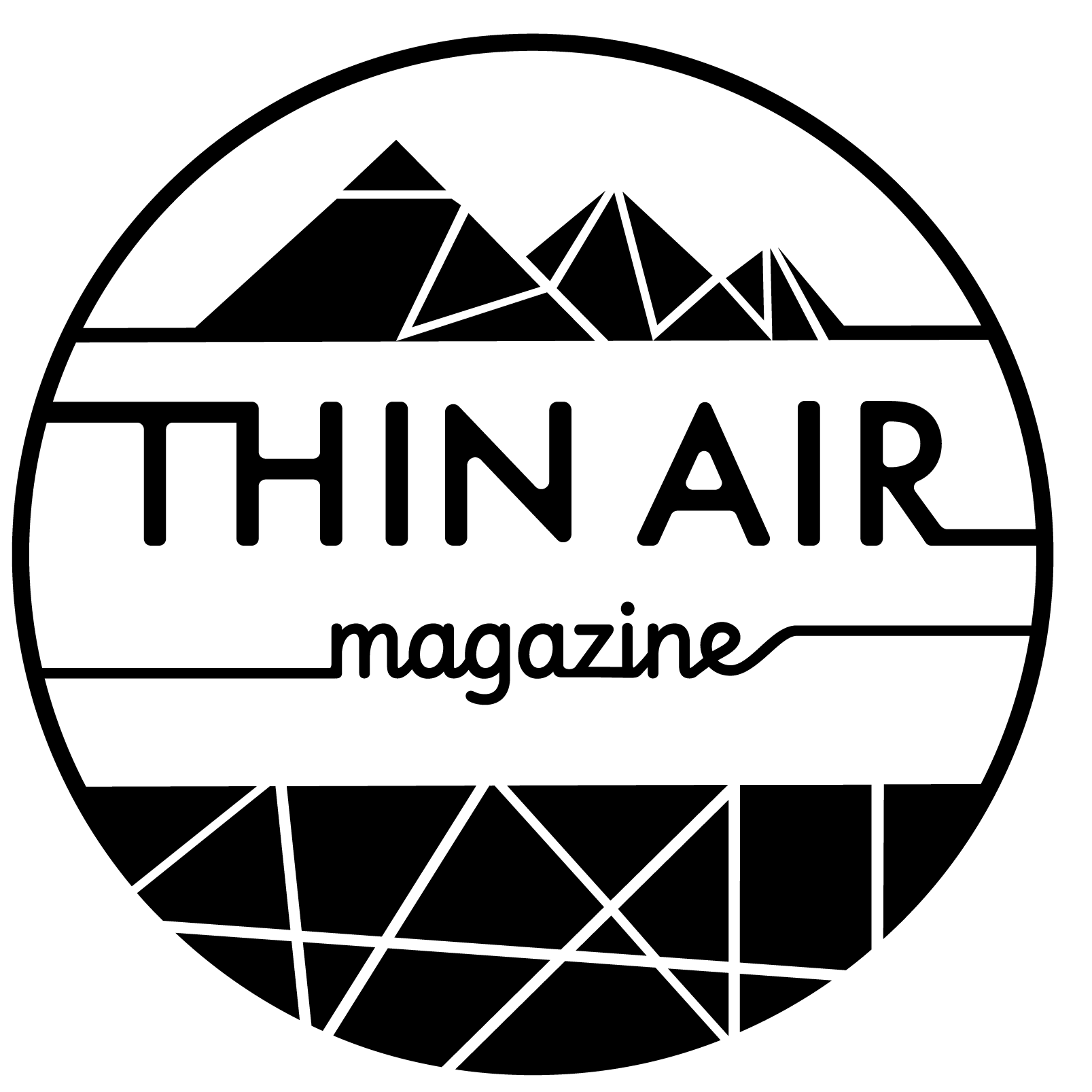 Thin Air Magazine logo, with a mountain range about the text, all inscribed in a circle