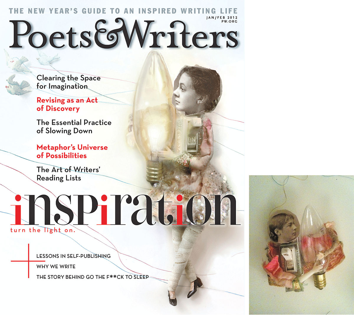 Composed Jan/Feb 2012 cover showing collage and the word "inspiration" next to an early version of the cover art 