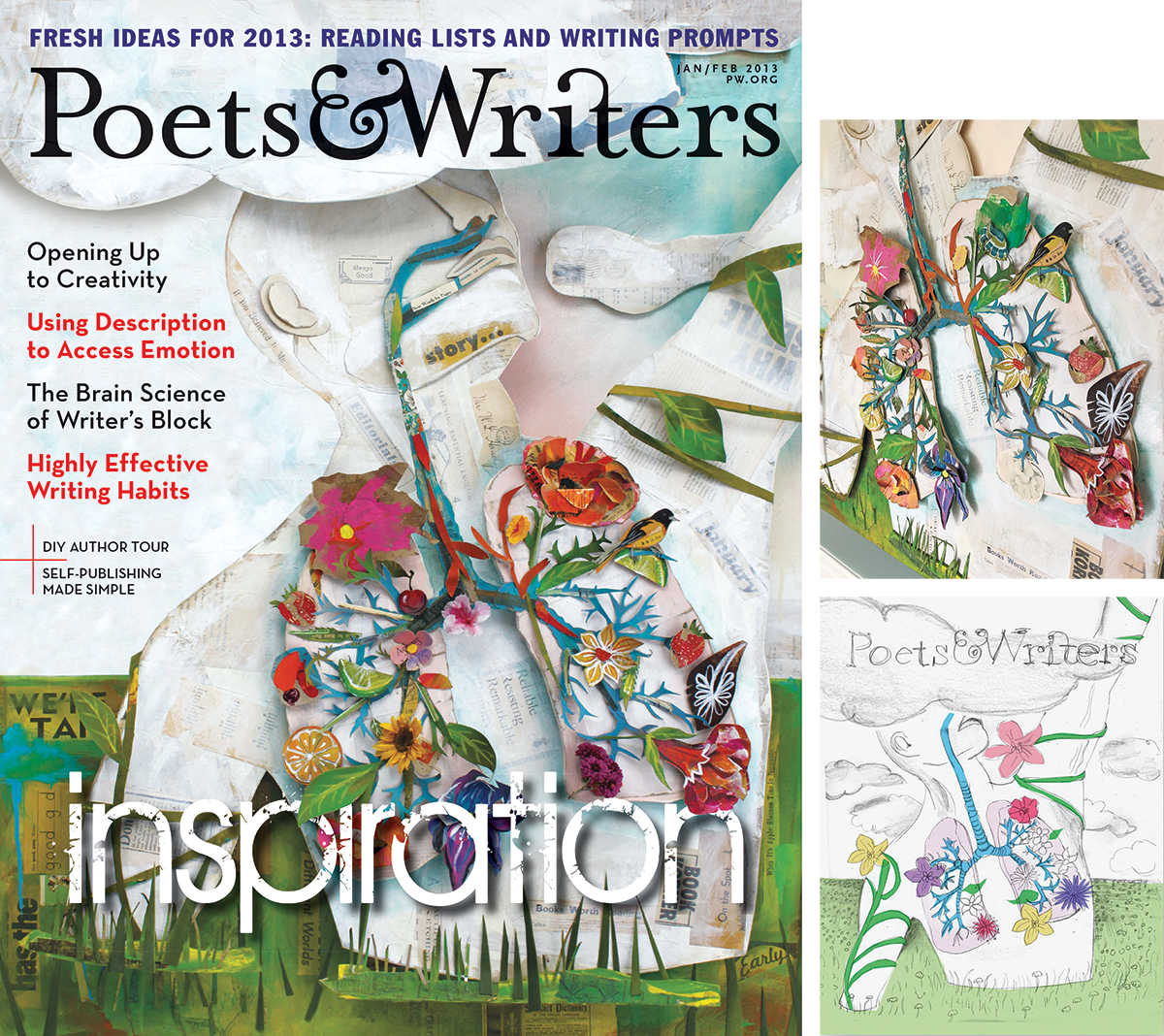 Collage of finished Jan/Feb 2013 cover alongside a sketch of the cover and a photo of the unfinished cover art