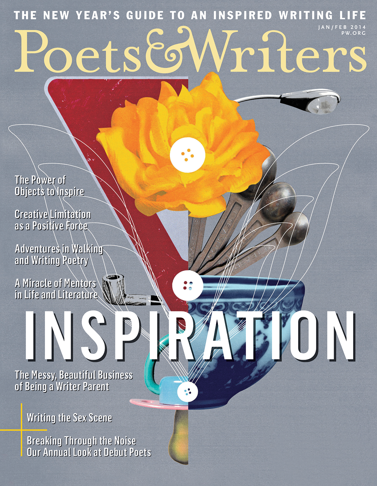 Composed Jan/Feb 2014 cover with photo collage on top of gray background