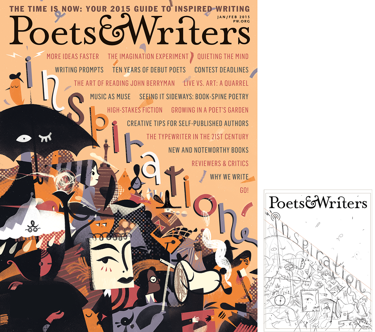 Composed Jan/Feb 2015 magazine cover with logo, the word "inspiration" and many small illustrations 