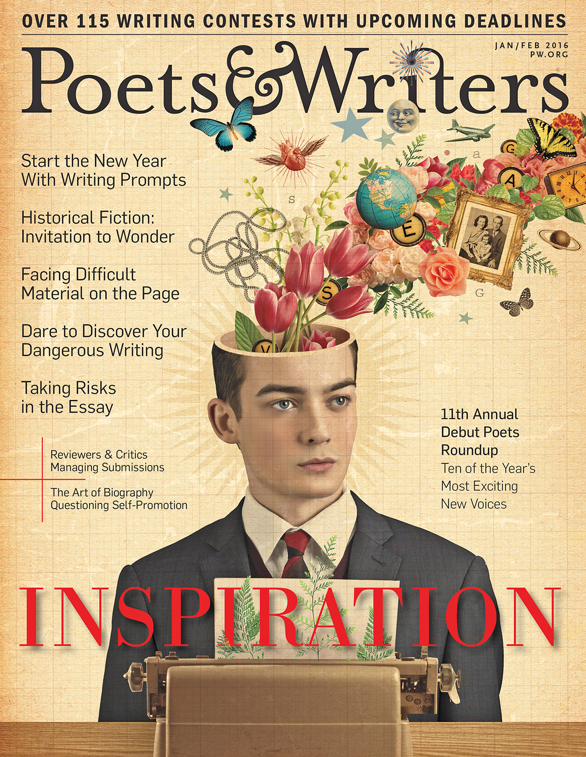 Composed Jan/Feb 2016 cover with logo, the word "inspiration," and an illustration of a man at a typewriter with objects flying out of his half-open head
