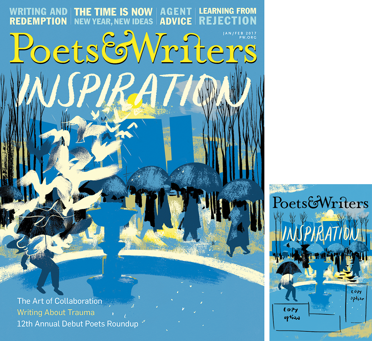 Composed Jan/Feb 2017 cover with logo, the word "inspiration," and an illustration of a blue cityscape with trees, people with umbrellas, and a fountain in the foreground with a flock of white birds flying skyward