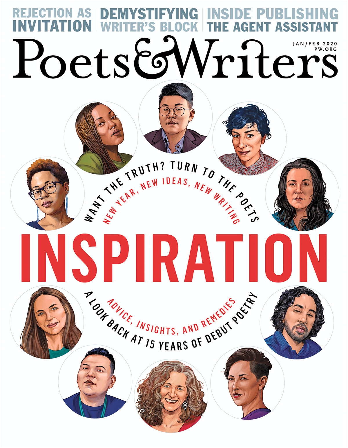Composed Jan/Feb 2020 cover with logo, the word "inspiration," and a circle of illustrated portraits of ten poets 
