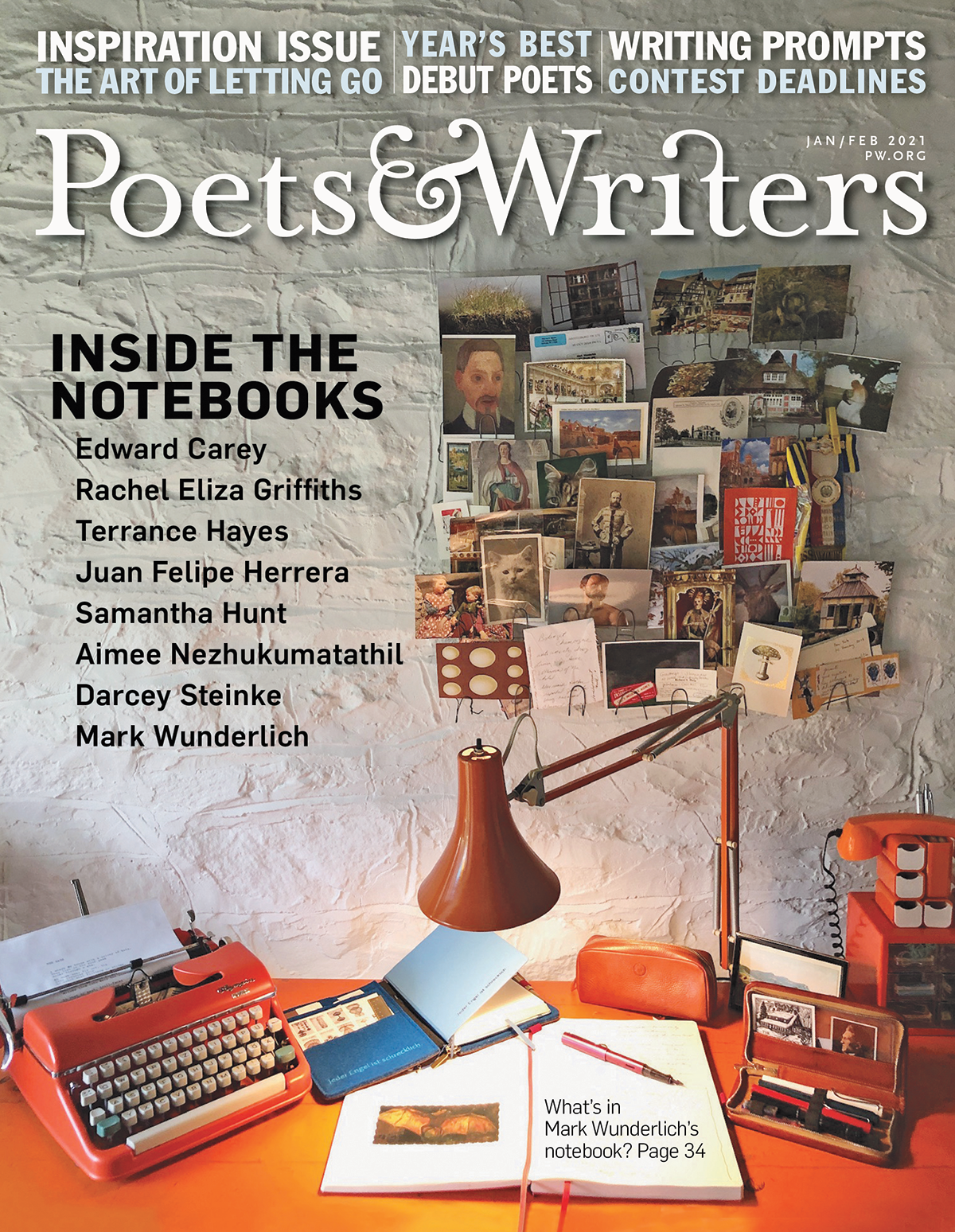 Composed Jan/Feb 2021 cover with logo, word "inspiration," and a photo of a desk with a lamp, an old typewriter, a notebook, an old phone, and photo and illustrations hanging together on the wall behind it
