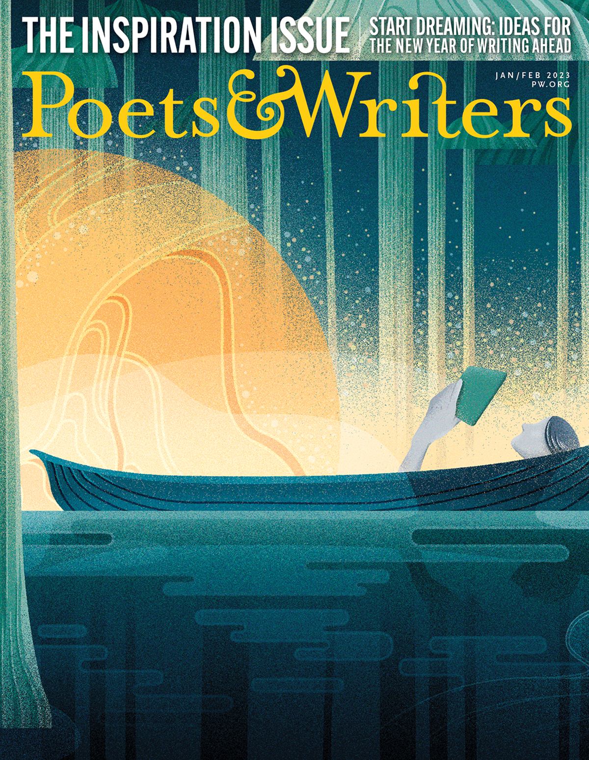 Composed Jan/Feb 2023 cover with logo and an illustration of a small boat with a person lying inside it reading a book and a large sun setting behind