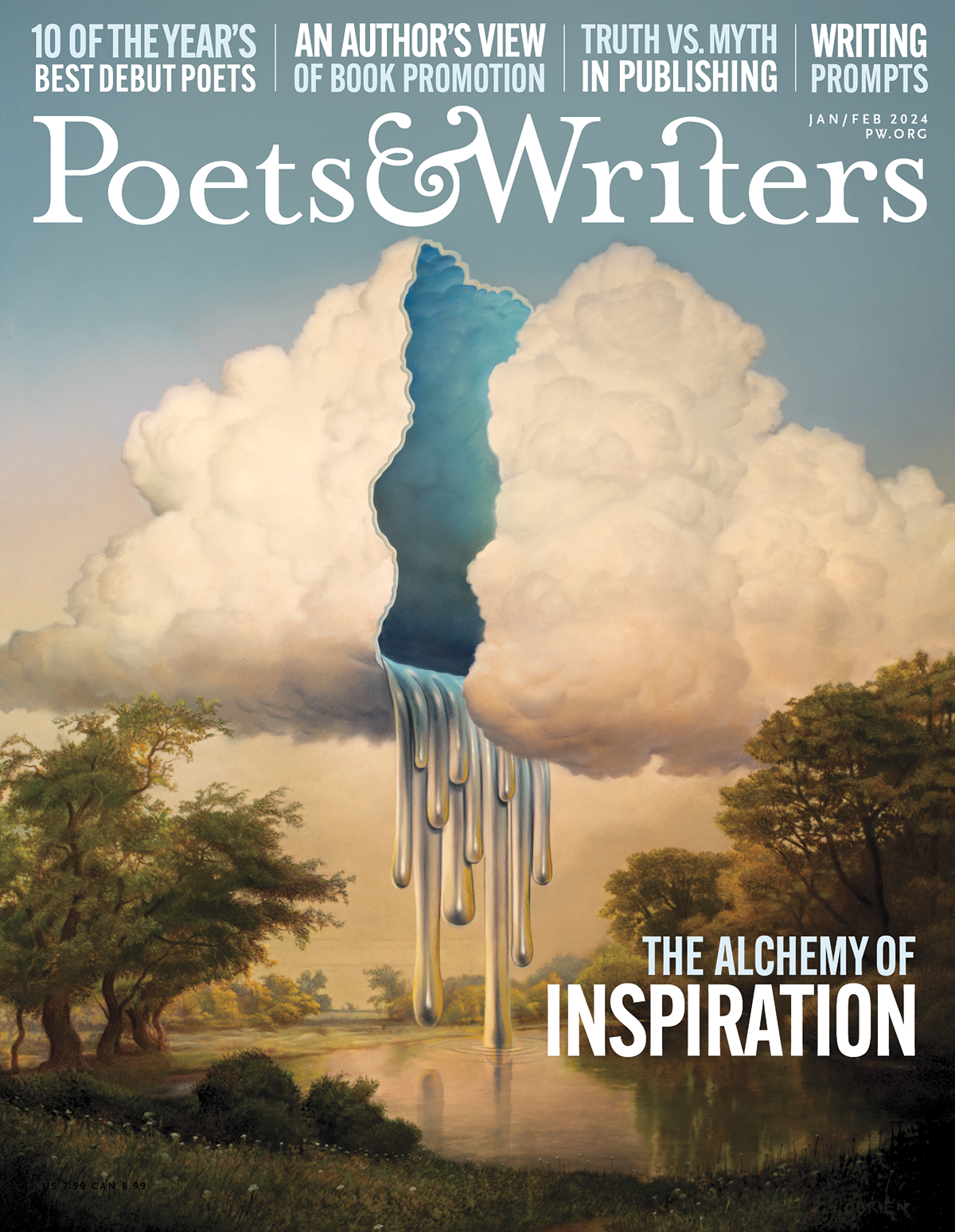 Composed Jan/Feb 2024 cover with logo, cover lines, and an illustration of a large cloud breaking open with mercury dripping out onto a tree-lined lake