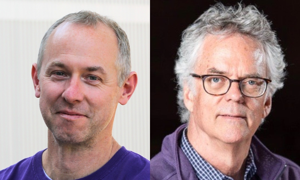 Headshot of Scott Frey wearing a blue shirt, next to a headshot of Jack Powers wearing glasses, a checkered shirt, and glasses
