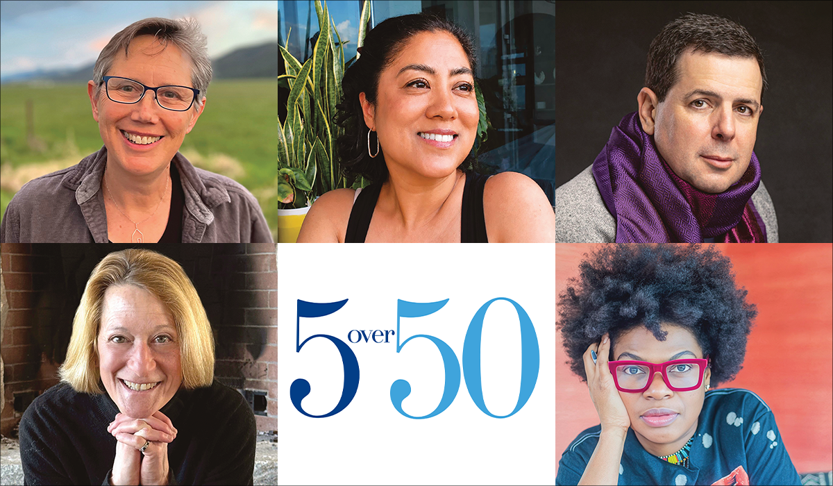 Grid of five author photo portraits and the 5 Over 50 logo