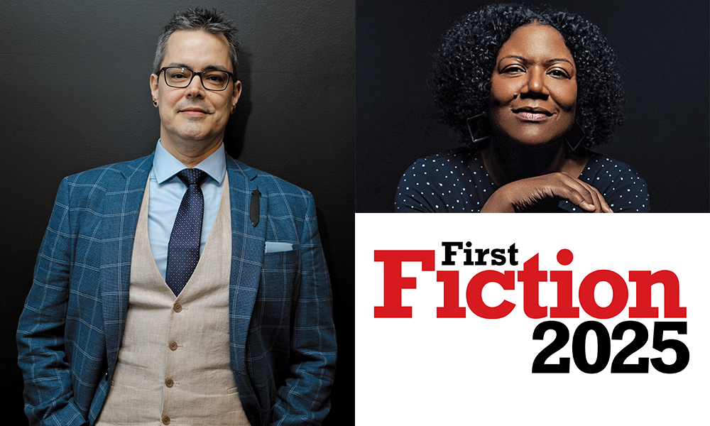 A three-part collage with a photo portrait of Aaron John Curtis, a middle-aged Indigenous man with salt and pepper hair, glasses, and a blue patterned suit jacket. On the top right, a photo of Honorée Fanonne Jeffers, a Black woman wearing a black top with her hand posed casually under her chin. In the bottom right, the First Fiction 2025 logo.