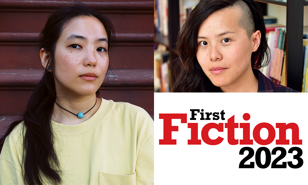 A collage with a portrait of Ada Zhang taking up left half; she wears a yellow shirt and a necklace with a single bead on it. Upper right: Kim Fu's portrait, she has long black hair shaved on the left side. Bottom right: First Fiction 2023 logo.