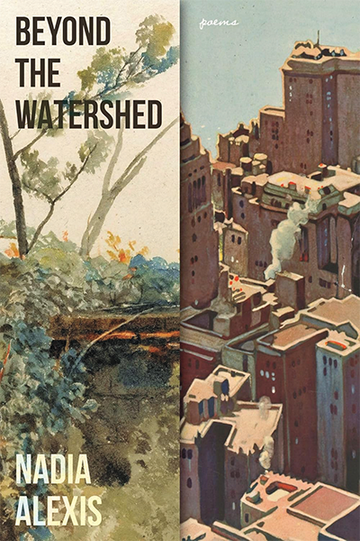 Book cover with headline and byline, and illustration split down the middle: left side has trees and greenery; right side is cityscape from a high angle