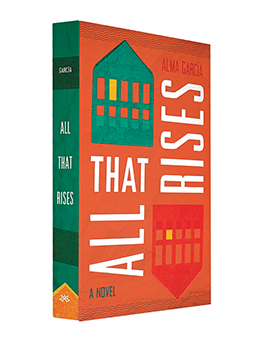 The final copy of All That Rises, which features a house on a bright coral background and a teal spine with white text.