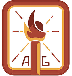 The April Gloaming logo features a torch rendered in maroon, red, and yellow. The torch is surrounded by a rounded red-and-yellow square border and has the letters A and G at its base.