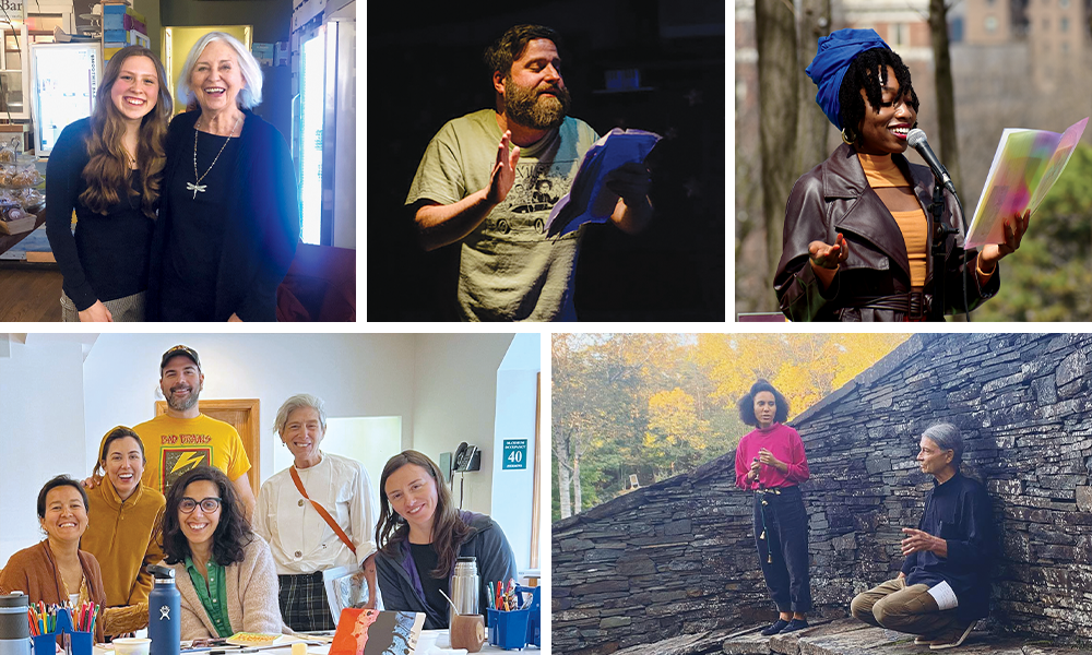 5 photos, clockwise from upper left: Two white women, one young and one old, stand smiling; a bearded white man performs poetry; a young Black woman with a blue headwrap reads in the park; a group of people at a workshop; two people perform outside.