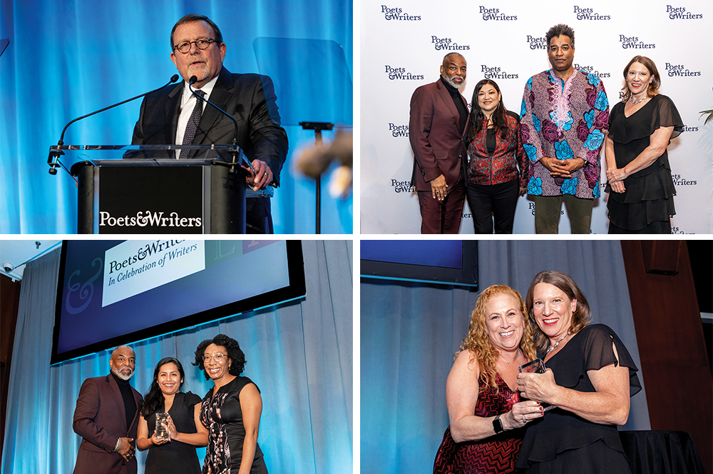 A grid collage of four photos, starting from the top left: Terry Finley stands at a podium; Four people stand in front of the P&W photo wall; LeVar Burton with award recipients on stage; Jodi Picoult and Jennifer Hershey smiling with award.