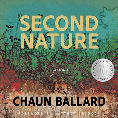 Book cover with title, byline, and award medal on top of ink illustration of flowers and grasses on a green background