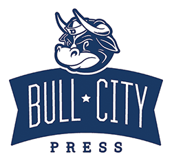 The logo of Bull City Press, which features a blue-and-white cartoon head of a bull on top of a blue banner that reads "Bull City" with "Press" in smaller font at the bottom.