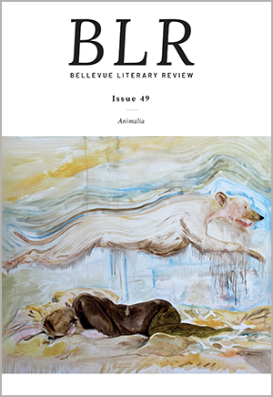 Journal cover with illustration of polar bear above woman curled up on bed