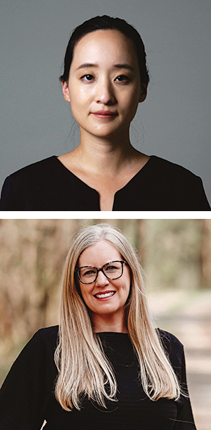 Two photographs of women; one with dark hair pulled back and black shirt, one with long blonde hair and black sweater