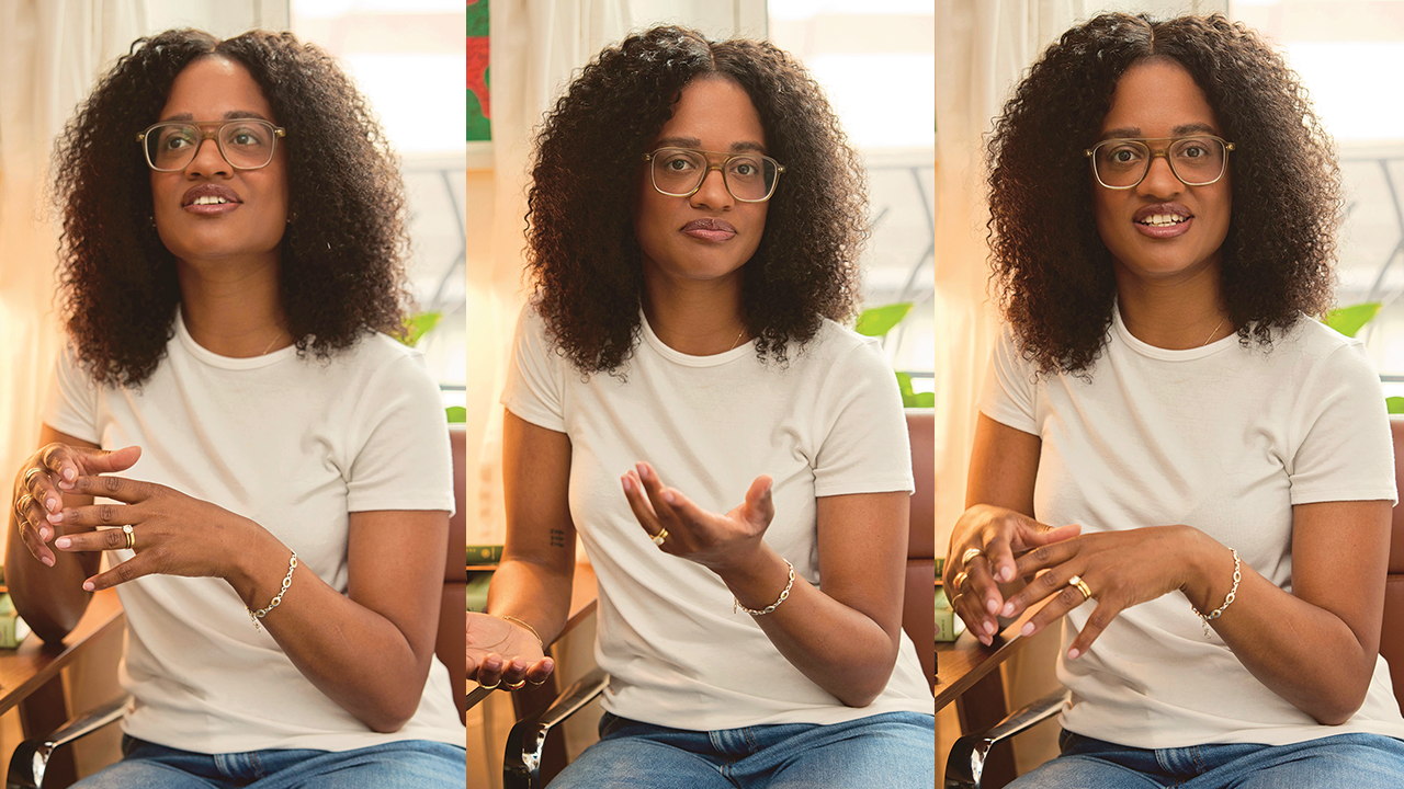 Triptych of three portraits of a woman with long curly hair and glasses wearing a white T-shirt and gesturing with her hands 