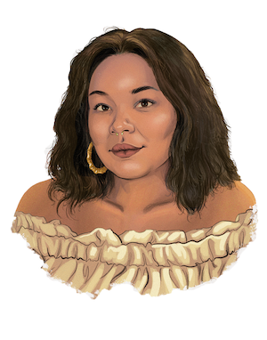 An illustrated portrait of a Black woman with wavy hair and a ruffled top An illustrated portrait of a Black woman with wavy hair and a ruffled top 