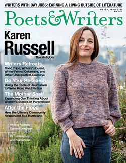 The cover of the March/April 2025 issue of Poets and Writers Magazine, featuring Karen Russell, a white woman with brown hair, standing outdoors next to a bush.