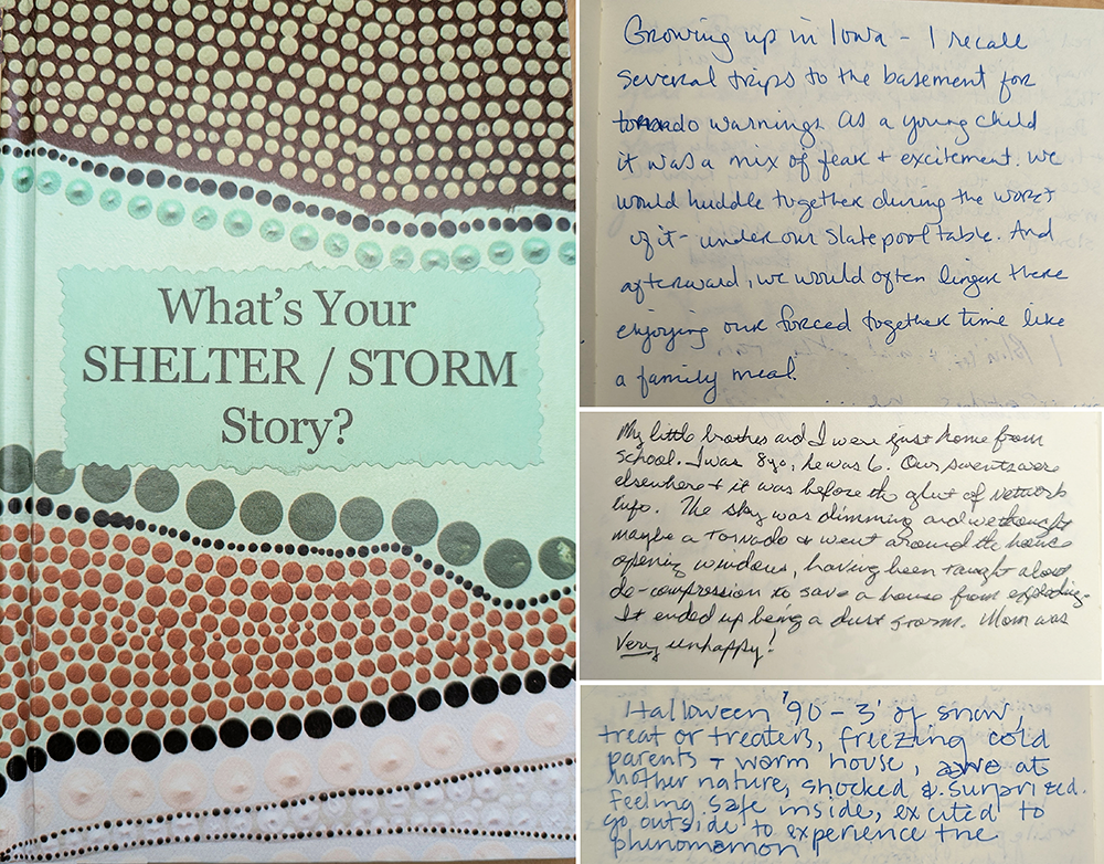 Collage of colorful book with black type and green, brown, black background and three handwritten excerpts