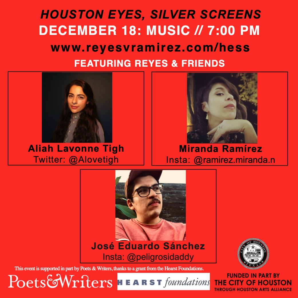 Flyer for Houston Eyes, Silver Screens virtual event on December 18 with Miranda Ramírez, Aliah Lavonne Tigh, and José Eduardo Sánchez.