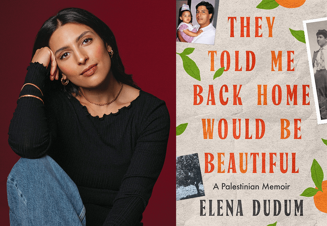 Diptych with a photo portrait of a woman with long dark hair in front of a red background and a book cover