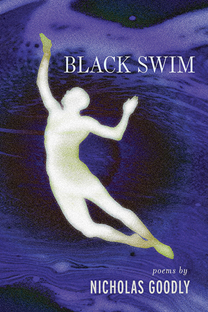 Black and purple textured background with the white silhouette of a person's body carved out of it. White title text: Black Swim