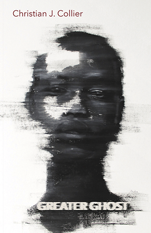 The cover of Greater Ghost by Christian J. Collier. The cover depicts a blurred image of a young Black person rendered with an effect that seems to smudge and distort the outline of their face.