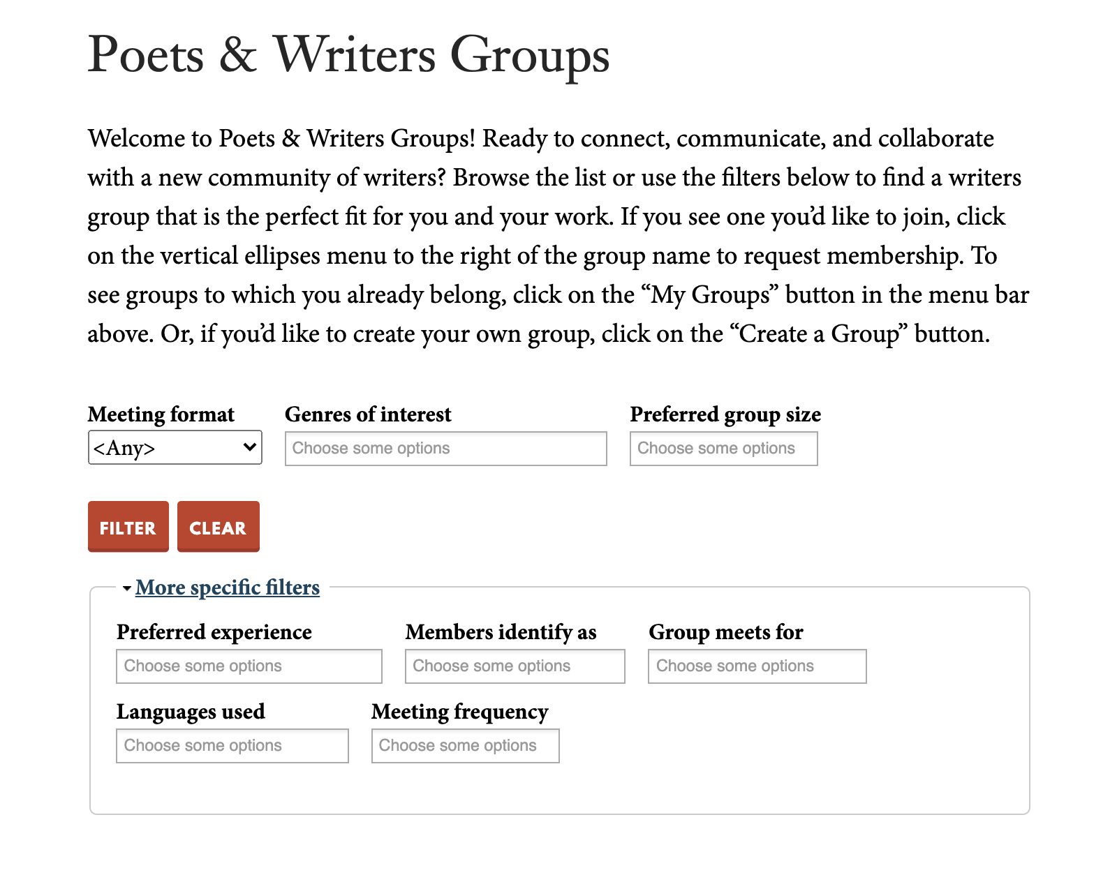 Group filters writing group near me