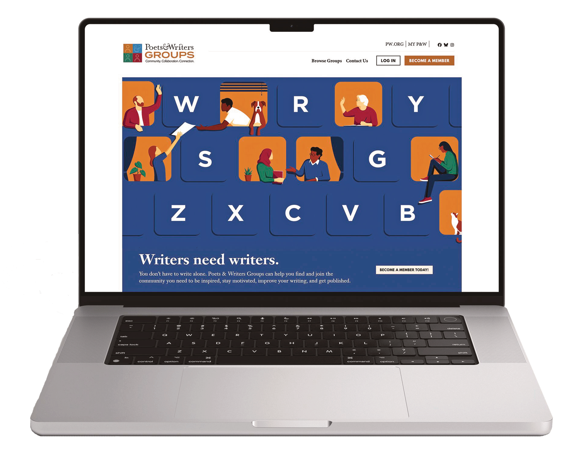 Open laptop with Groups homepage on screen: illustration of people communicating via windows in a blue background with large white letters around them