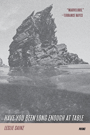 The cover of Have You Been Long Enough at Table by Leslie Sainz, featuring a black-and-white photograph of a jagged rock protruding out of a body of water. The title and author credit are at the bottom of the cover, with Leslie's name highlighted in pink.