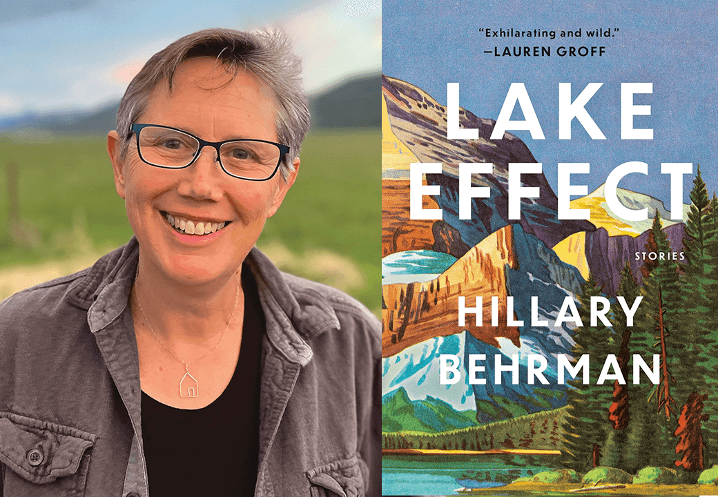 Diptych with an outdoor photo of a woman with short gray hair and glasses on one side and an illustrated book cover on the other