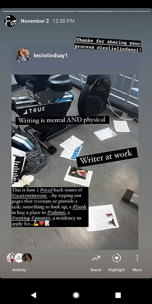 An Instagram story post with various magazine pages spread on the floor around exercise equipment. White text with black background described in article.