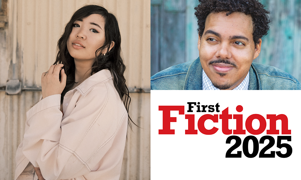 A three-part collage with a photo portrait of Jemimah Wei, an Asian woman with light medium skin and long wavy black hair, on the left side. On the top right, a photo of Jonathan Escoffery, a Black man with short natural hair wearing a denim jacket with a collared shirt and tie. In the bottom right, the First Fiction 2025 logo.