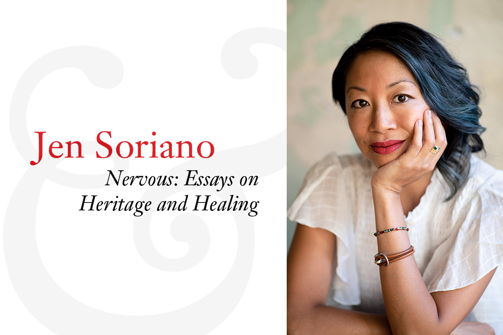 A collage introducing Jen Soriano, a Filipinx-American person. They wear a ruffled white shirt and have black hair with slate blue front highlights. On the right, their name and title of their book are displayed in red and black text.