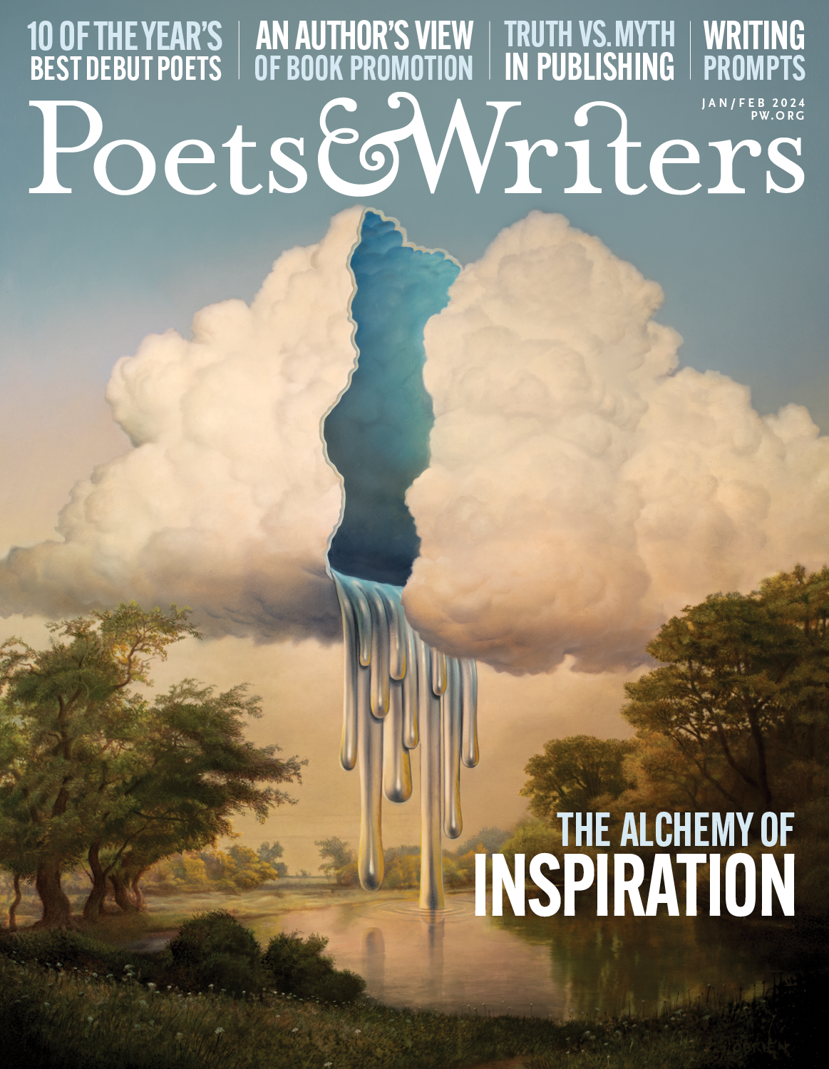 The cover of Poets and Writers Magazine's January/February issue, which features a cloud cracked open over an idyllic landscape.