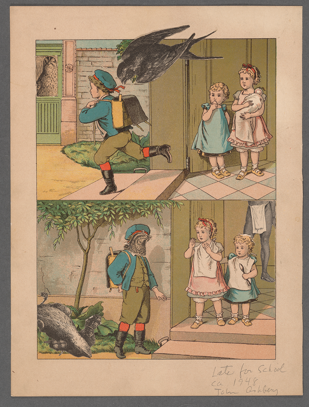 Photograph of collage artwork using printed pictures including birds, children, a statue 