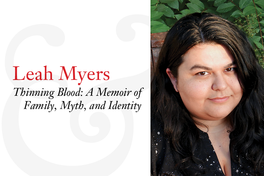 A collage introducing Leah Myers, a Native American woman, with her photo portrait to the right and red and black text with her name and Thinning Blood on the left.