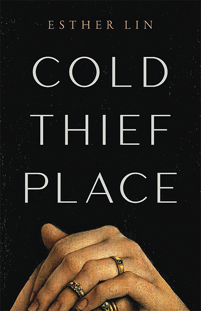 Book cover with title and byline on black background above a pair of hands, with rings, folded one over the other 