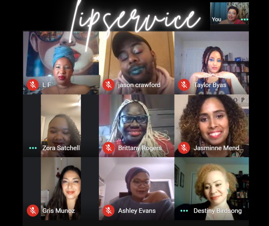 Readers from the Lipservice virtual event wearing colorful lipstick in a grid.